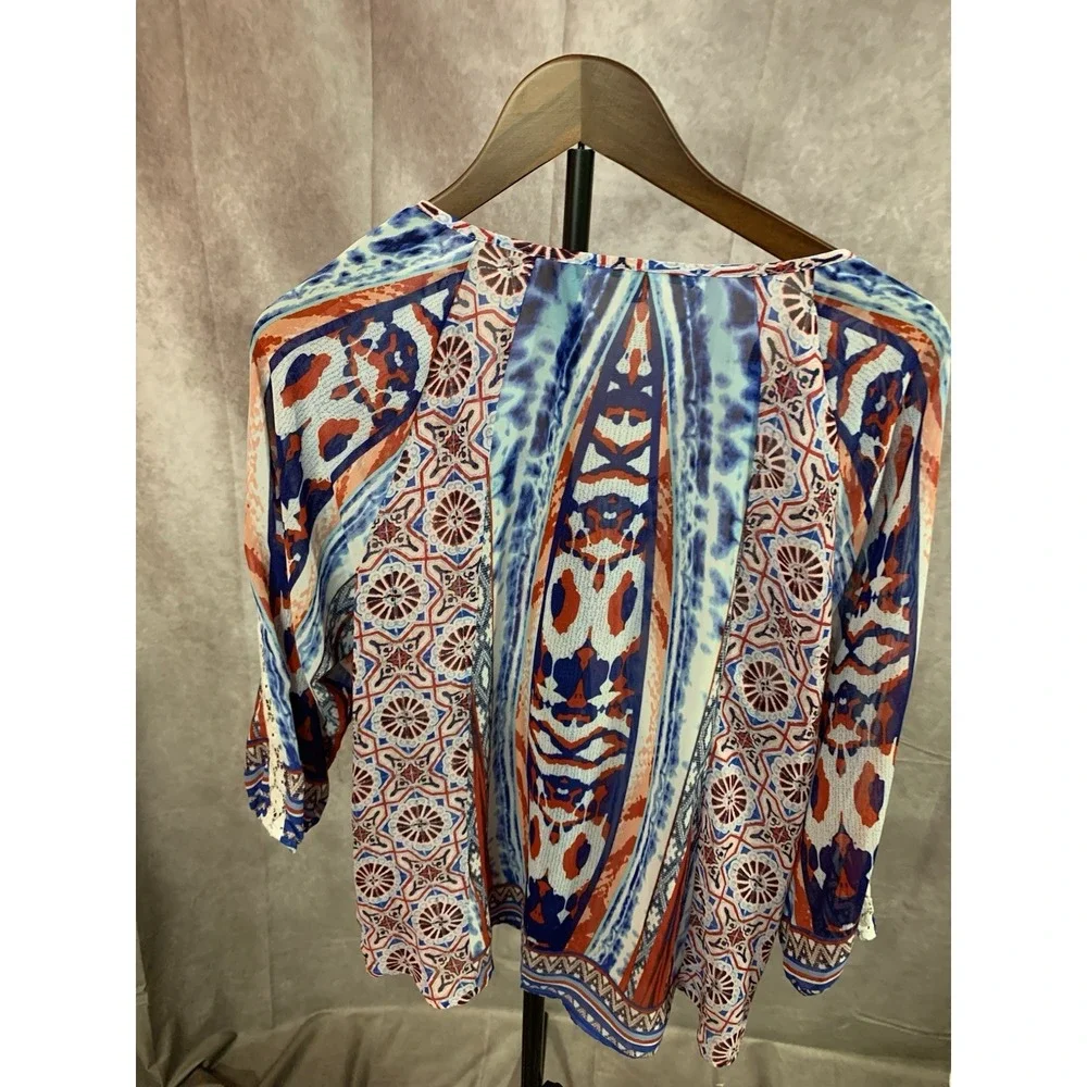 Valerie Stevens sheer peasant blouse BoHo red white and blue Large - Picture 2 of 12